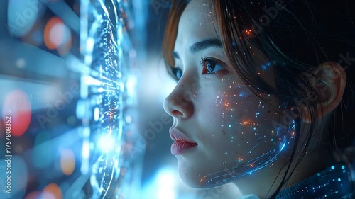 Young Woman Facing Abstract Digital Display with Blue and Orange Light Particles