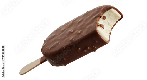 Delicious Chocolate-Coated Ice Cream Bar with a Bite Taken, Showcasing Creamy Vanilla or Classic Flavor on a Wooden Stick. Isolated on a Clean White Background, this Perfect Frozen Dessert Offers
