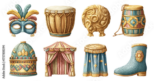 Colorful Carnival Elements Featuring Masks, Drums, and Tent for Festive Backgrounds