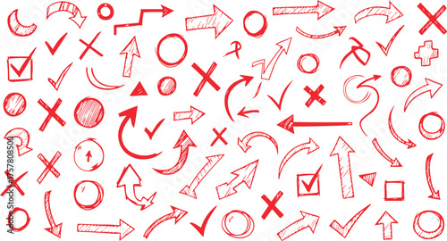 Collection of hand drawn red arrows checkmarks circles and crosses symbols on white background