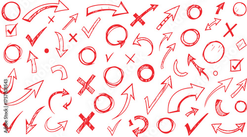 Collection of hand drawn red arrows circles checkmarks and xs on white background for design and illustration