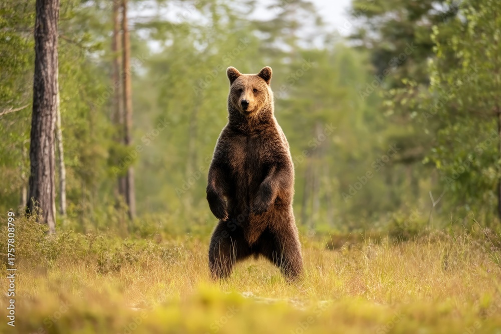 Fototapeta premium Brown bear standing on hind legs in a natural habitat, looking directly forward with a curious and alert expression