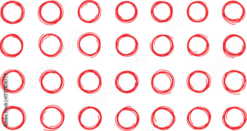 A grid of hand drawn red oval shapes with slight variations in form and texture on a white background