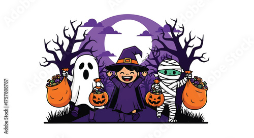 Halloween-themed illustration of a witch, ghost, and mummy holding pumpkin buckets in front of bare trees and a purple moon.