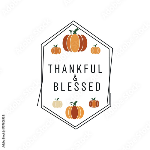 Thankful and blessed text with pumpkins in a hexagon frame.