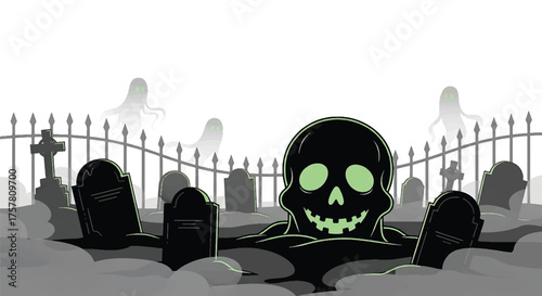 A black cartoon skull with green eyes and mouth sits in a spooky graveyard on Halloween night behind a fence.