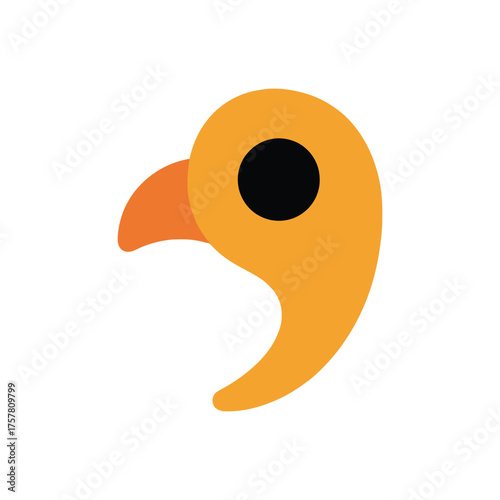 An abstract illustration of a bird's head, featuring a curved beak and a circular eye.
