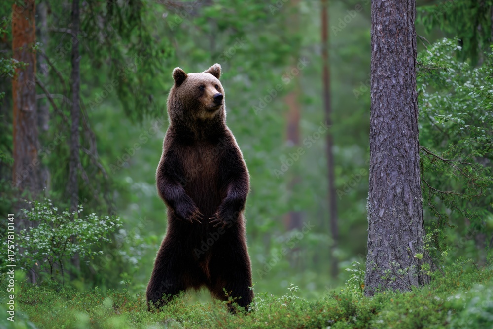 Fototapeta premium Brown bear standing on hind legs, looking attentive. Wild animal observing its natural forest habitat