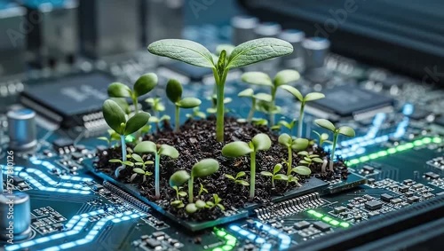 A small green plant sprouting from a pile of soil on top of a computer motherboard, representing the connection between technology and nature, eco-friendly innovation, and sustainable digital growth.