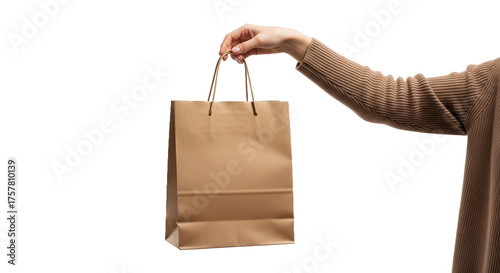 Hand holding a brown paper shopping bag against a white background.