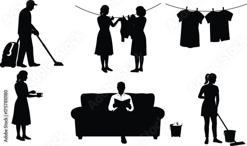 People silhouettes doing household chores, cleaning, vacuuming, washing dishes, drying clothes, reading, home activity and lifestyle illustration on white background vector