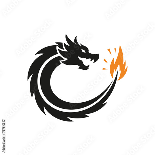 A stylized black dragon in a circular pose, exhaling a fiery orange flame from its mouth, a symbol of power.