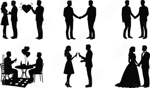 Romantic couple silhouettes and friendship handshake icons, love relationship moments, dating, marriage, and communication concept on white background illustration