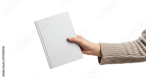 Hand Holding Blank White Book Mockup with Empty Cover and Spine on Pure White Background - Customizable Template for Design, Publishing, and Presentation Copy Space
