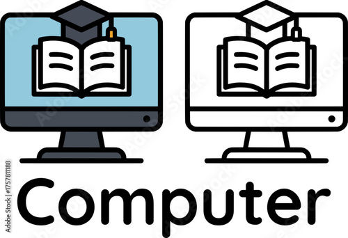 Flat vector of computer with open book and graduation cap, educational theme
