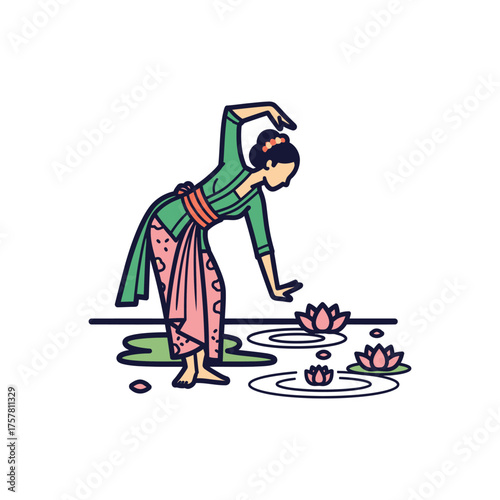An illustration of a woman in traditional Indonesian attire, interacting with water lilies.