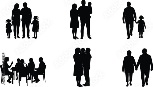 Silhouette collection of families spending time together, walking, hugging, dining, and bonding, representing love, unity, relationship, parenting, and happiness