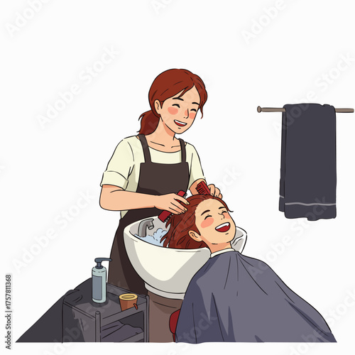 A happy client enjoys a relaxing hair wash at the salon, as the stylist gently lathers and rinses the hair with care and expertise.