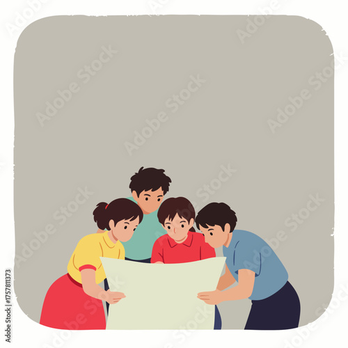 A group of diverse individuals collaborate, examining a large paper, fostering teamwork, and problem-solving, creating a shared vision for a successful project.