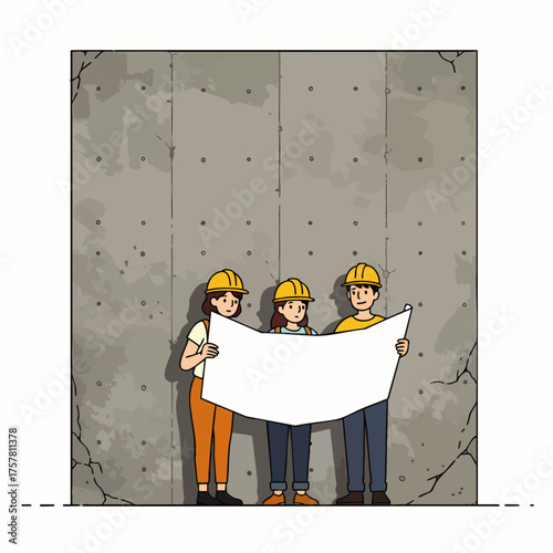 Three construction workers in hard hats examine blueprints against a weathered concrete wall, planning a building project with careful attention.