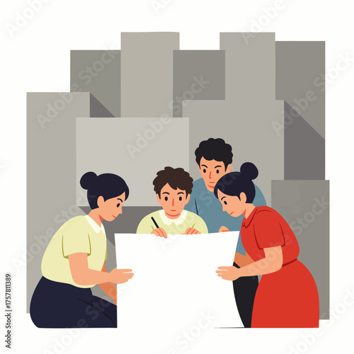 A family gathers around a blank white board, collaborating on a project with a cityscape backdrop, symbolizing teamwork and creativity.