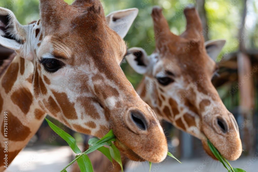Naklejka premium Pair of giraffes feeding on fresh green plant leaves, showcasing their heads and distinct pattern up close
