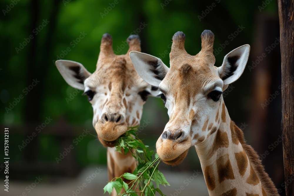 Naklejka premium Two giraffes are chewing fresh green leaves, showing their herbivore nature and wildlife behavior in their natural environment