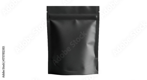 Matte Black Stand-Up Pouch with Zipper Closure on White Background, Empty Blank Doypack for Product Packaging Mockup and Branding Design Template, Flexible Resealable Bag for Food, Coffee, Snacks