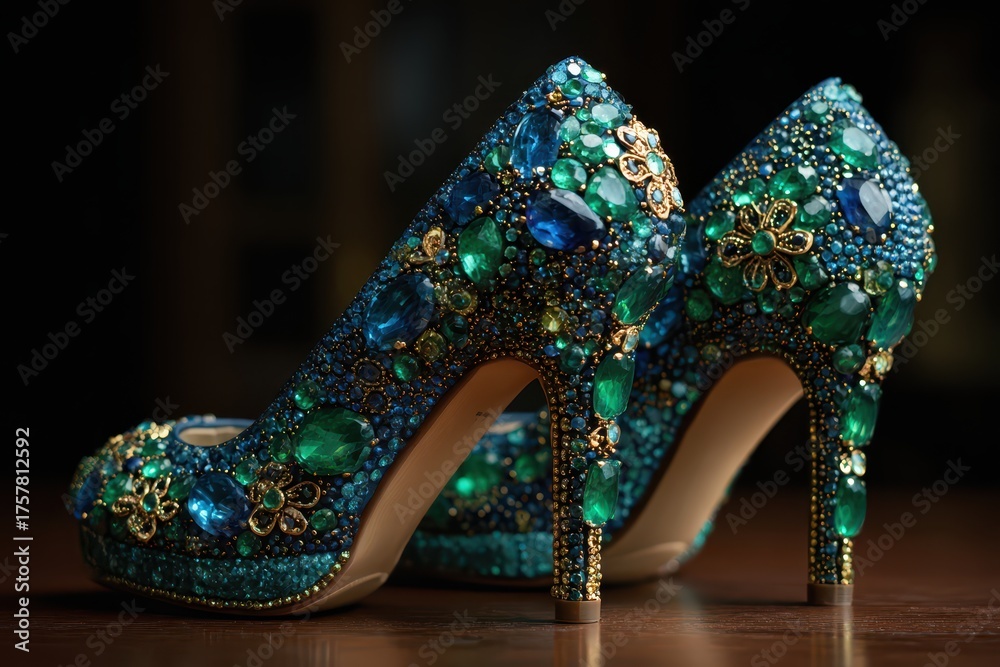 Obraz premium Elegant high heels with blue and green gems, shimmering with sophistication and artistic design. A dazzling statement of style.