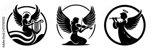 Set of circular black angel silhouettes playing flute, violin and lyre - logo style