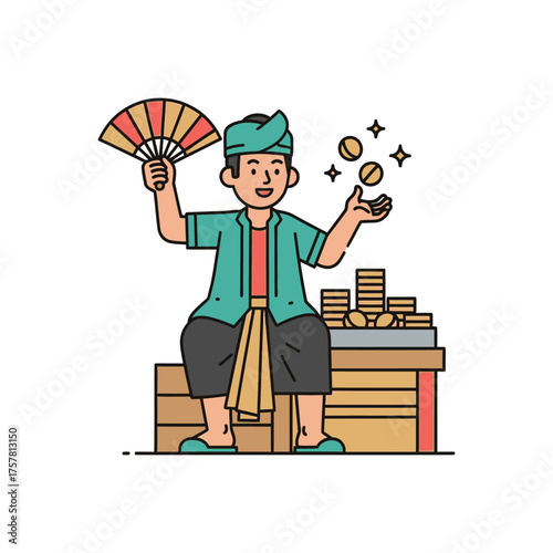 A smiling man in traditional attire juggling coins and holding a fan, seated on a wooden structure.