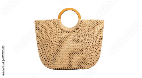 Natural Fiber Handcrafted Woven Bag with Distinctive Wooden Handle Isolated on White - Sustainable Fashion Accessory for Summer, Beach, Resort, and Bohemian Style