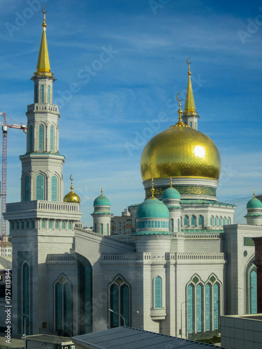Moscow, Russia, October 01, 2025: Moscow Cathedral Mosque domes shining in sunlight.