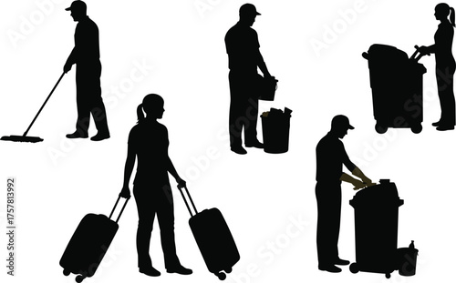 Silhouette of janitors cleaning with equipment, man mopping floor, woman carrying luggage, housekeeping staff working, maintenance service illustration