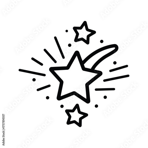 Three stars burst with streaks and dots in black outline on white background