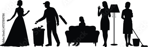 Silhouette of people doing daily household activities, man throwing garbage, woman mopping floor, woman sitting on sofa, home lifestyle concept