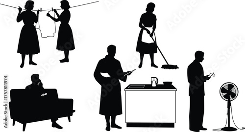 Silhouette of people doing household chores, cleaning floor, hanging clothes, cooking in kitchen, relaxing on sofa, home lifestyle concept illustration