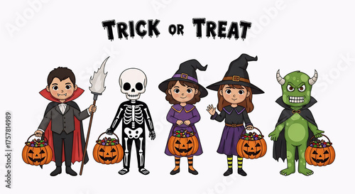 Children in Halloween Costumes with Pumpkin Candy Buckets and Trick or Treat Text on White Background
