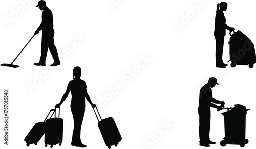 Silhouette of janitors cleaning with mop and cart, woman pushing machine, traveler carrying luggage, professional maintenance and housekeeping illustration