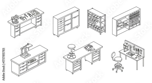 workshop isometric illustration depicting workbenches storage units and stools for organizing supplies illustrating industrial workspace design technical setup