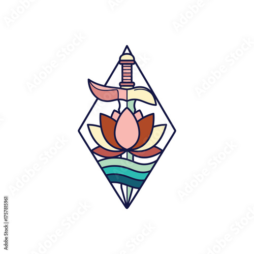 focused on main subject minimal description lotus dagger tattoo symbol.