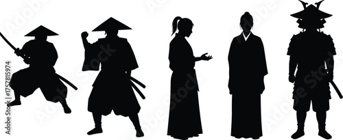 Silhouette of samurai warriors and traditional Japanese figures, ancient culture, martial art poses, katana sword, historical Japan concept illustration