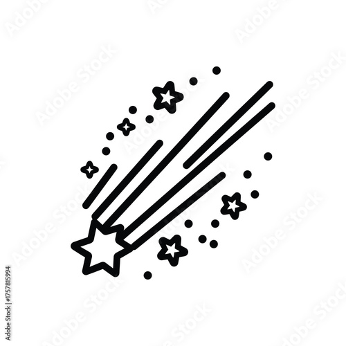 Falling star icon showcases celestial beauty with shimmering trails and radiant dots on white background
