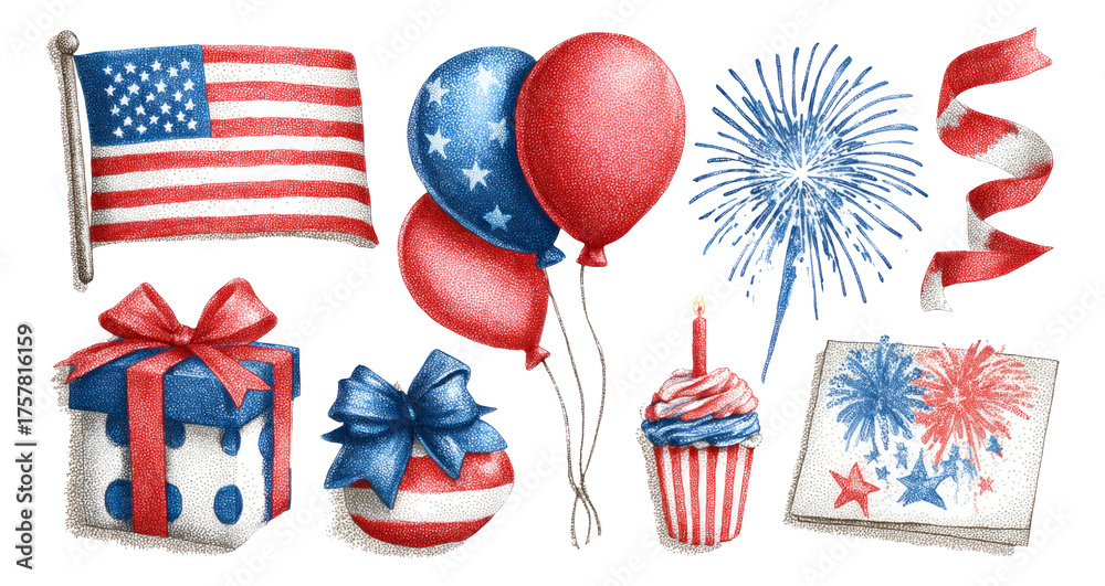 Fototapeta premium Festive Independence Day Elements with American Colors, Shapes and Style Isolated