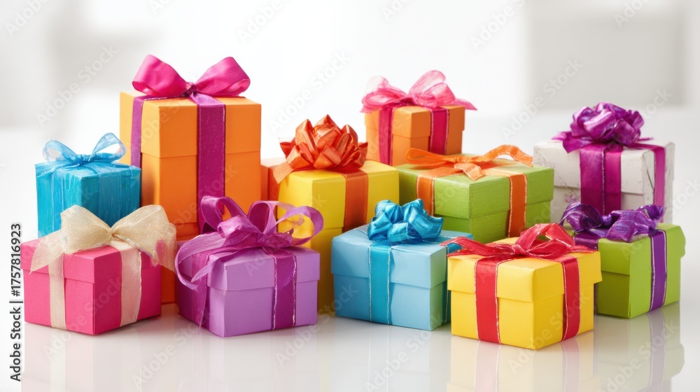 Fototapeta premium Colorful Gift Boxes with Bows, A Festive Display for Celebrations and Special Occasions