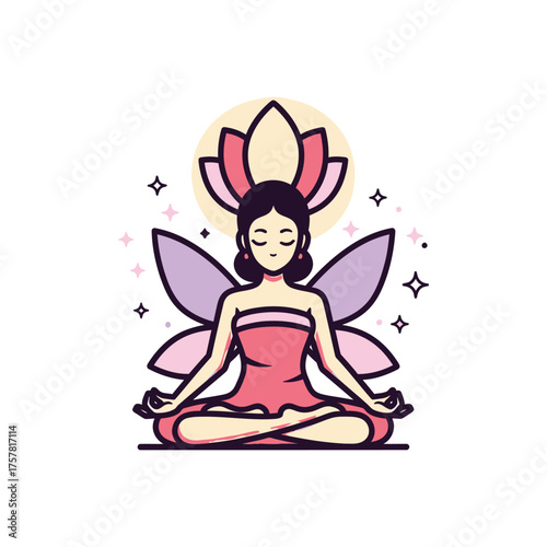 meditating fairy like figure on lotus throne in serene pose with pastel colors.