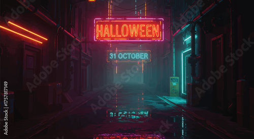 A dark alleyway with a neon sign reading 'Halloween 31 October' in a futuristic, cinematic lighting style with a spooky mood.