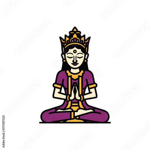 meditative seated figure with serene expression and crown.