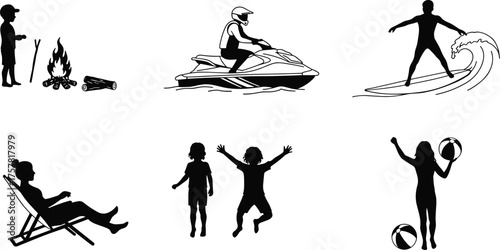 Summer vacation silhouettes of people relaxing, surfing, jet skiing, camping, and playing on the beach, black and white vector illustration