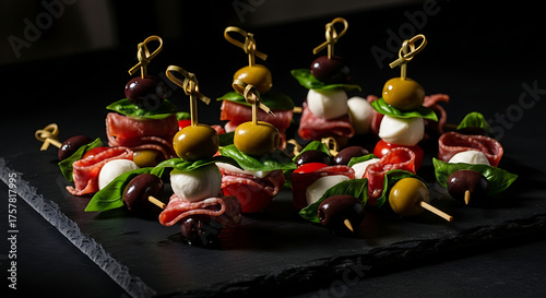 Antipasto skewers platter: Gourmet antipasto skewers with olives, mozzarella, and salami on a black stone stand